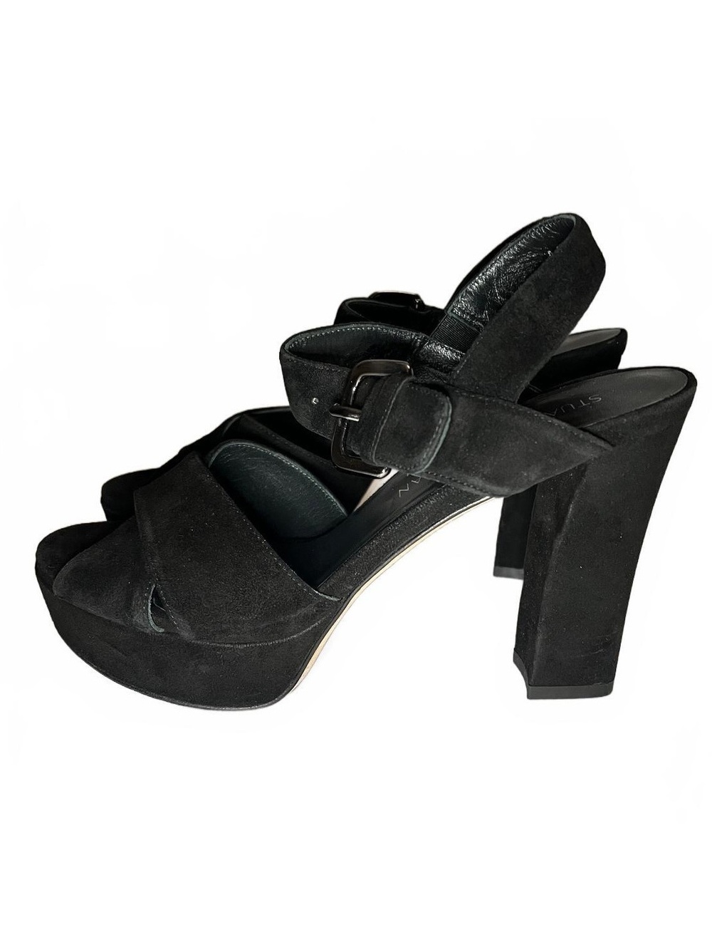 Stuart Weitzman Black Suede Platform Chunky Heel Sandals Size 7 - Picture 2 of 6